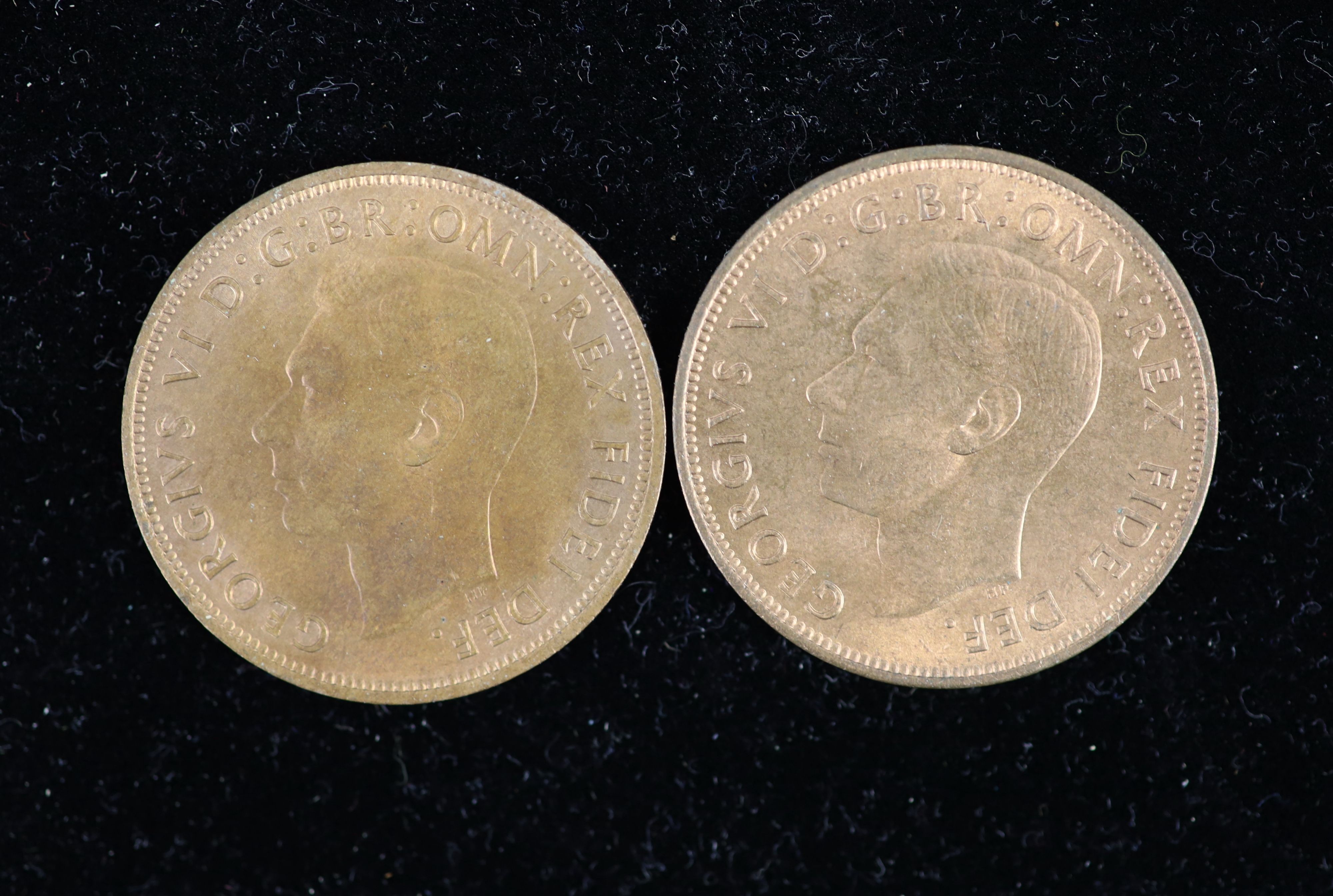 George VI specimen coin sets for 1950 and 1951, second issue, including 1950 threepence, aUNC, 1951 threepence and penny, both EF